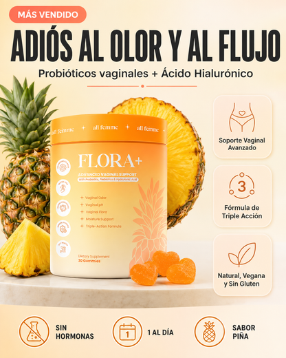 Flora+™ — Adiós al Olor y al Flujo Constante — Gomitas de Piña con Probióticos Vaginales + Ácido Hialurónico 🌸