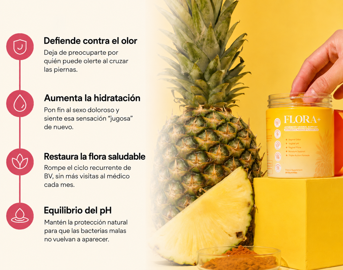 Flora+™ — Adiós al Olor y al Flujo Constante — Gomitas de Piña con Probióticos Vaginales + Ácido Hialurónico 🌸