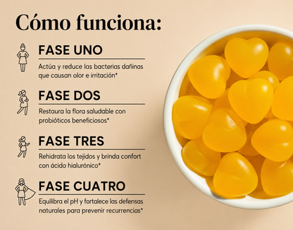 Flora+™ — Adiós al Olor y al Flujo Constante — Gomitas de Piña con Probióticos Vaginales + Ácido Hialurónico 🌸