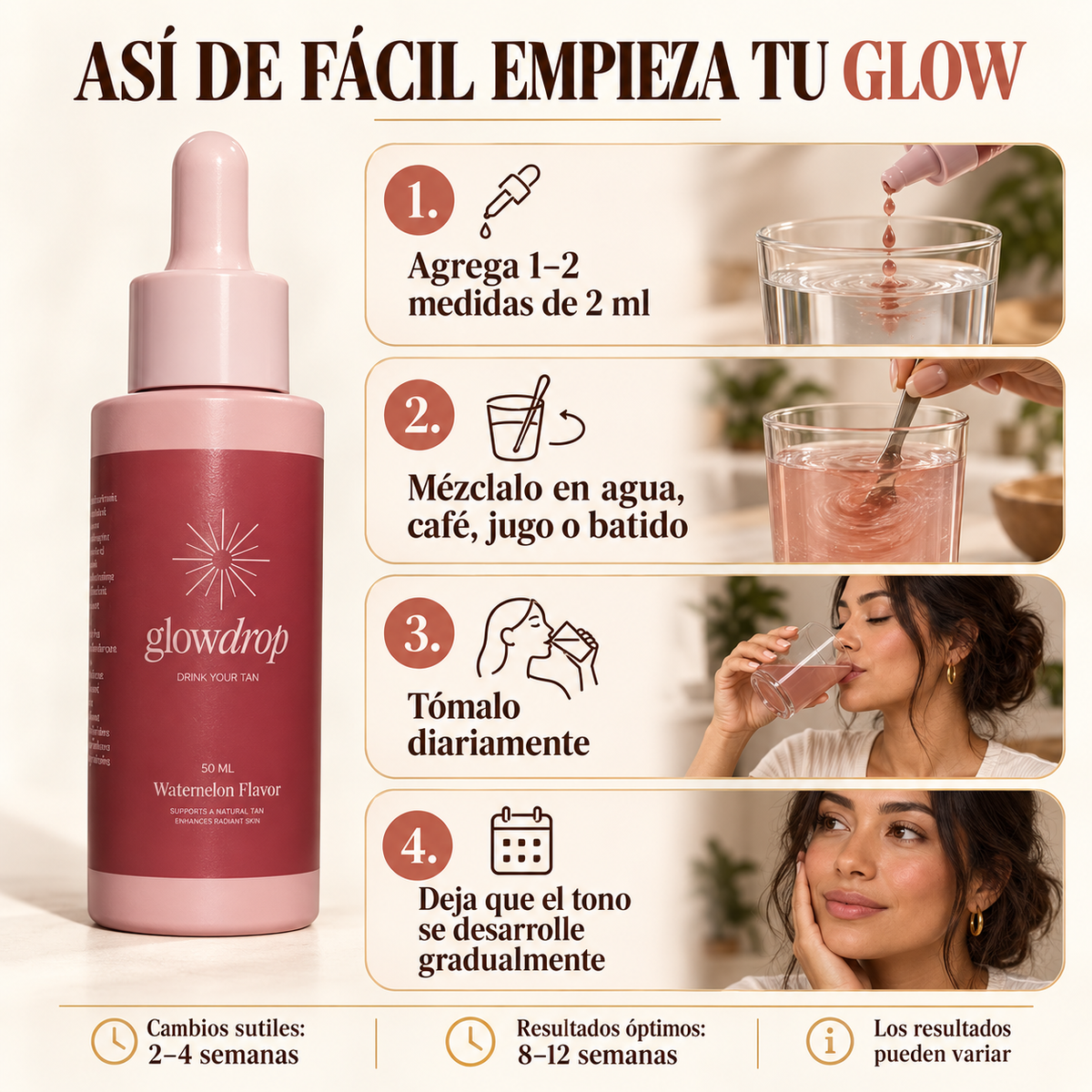 GlowDrop® — Luce Bronceada Sin Coger Sol y Sin Mancharte — Betacaroteno + Luteína + L-Tirosina ✨