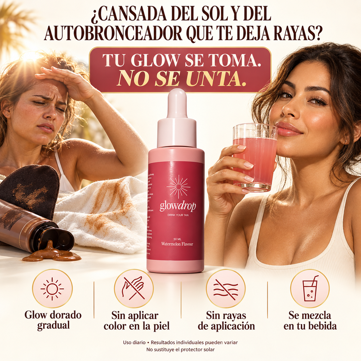 GlowDrop® — Luce Bronceada Sin Coger Sol y Sin Mancharte — Betacaroteno + Luteína + L-Tirosina ✨