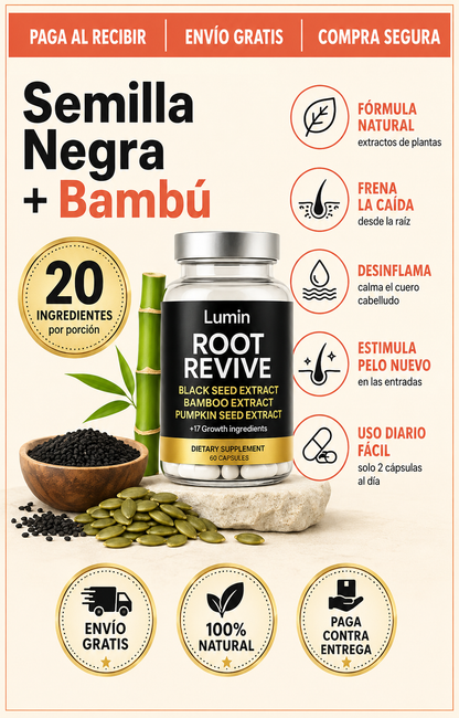Root Revive™ — Recupera tus Entradas y Frena la Caída — Cápsulas de Semilla Negra + Bambú + Semilla de Calabaza 🌱