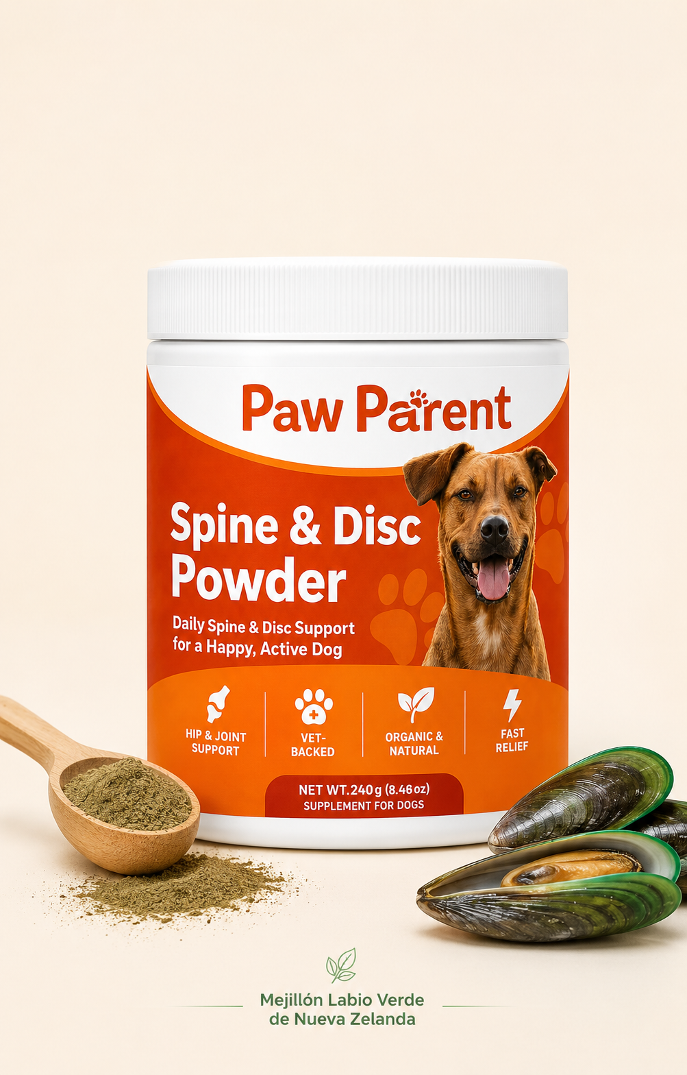 Spine & Disc Powder™ — Soporte de Columna y Articulaciones para Perros — Mejillón Labio Verde de Nueva Zelanda 🐾