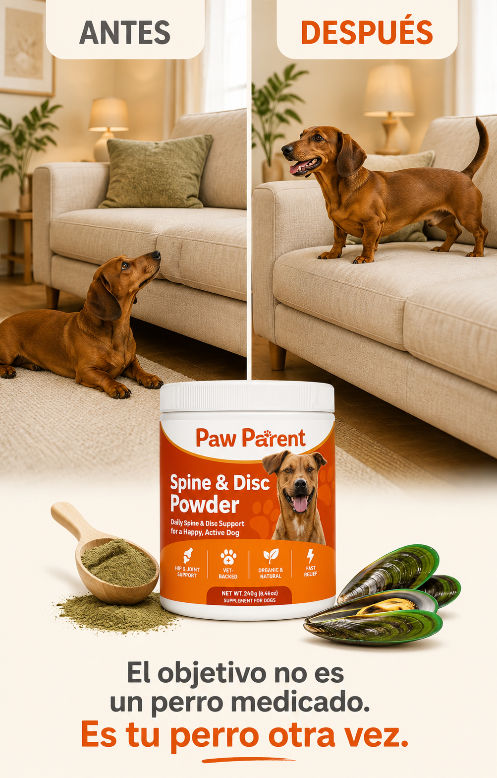 Spine & Disc Powder™ — Soporte de Columna y Articulaciones para Perros — Mejillón Labio Verde de Nueva Zelanda 🐾