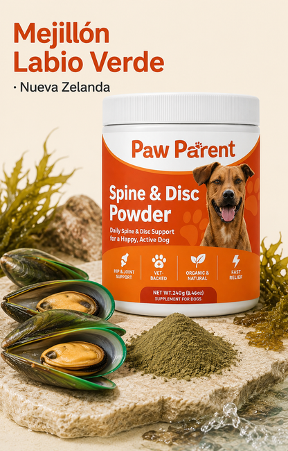 Spine & Disc Powder™ — Soporte de Columna y Articulaciones para Perros — Mejillón Labio Verde de Nueva Zelanda 🐾