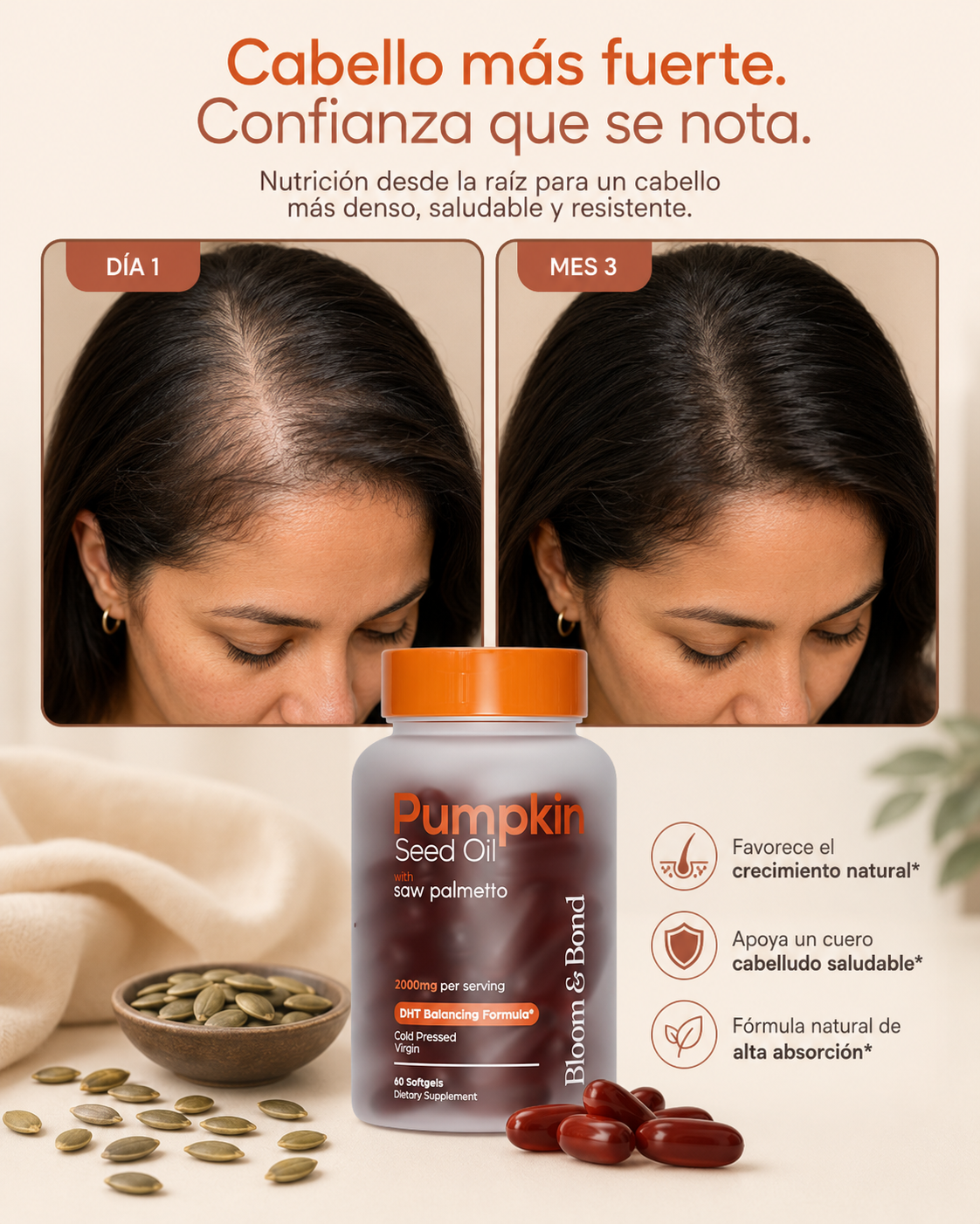 Bloom & Bond™ – Frena la Caída y Haz Crecer Pelo Nuevo  — Cápsulas de Semilla de Calabaza + Saw Palmetto 🌱