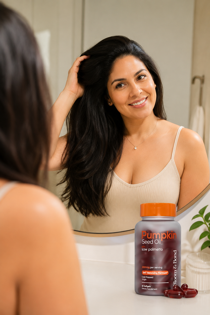 Bloom & Bond™ – Frena la Caída y Haz Crecer Pelo Nuevo  — Cápsulas de Semilla de Calabaza + Saw Palmetto 🌱