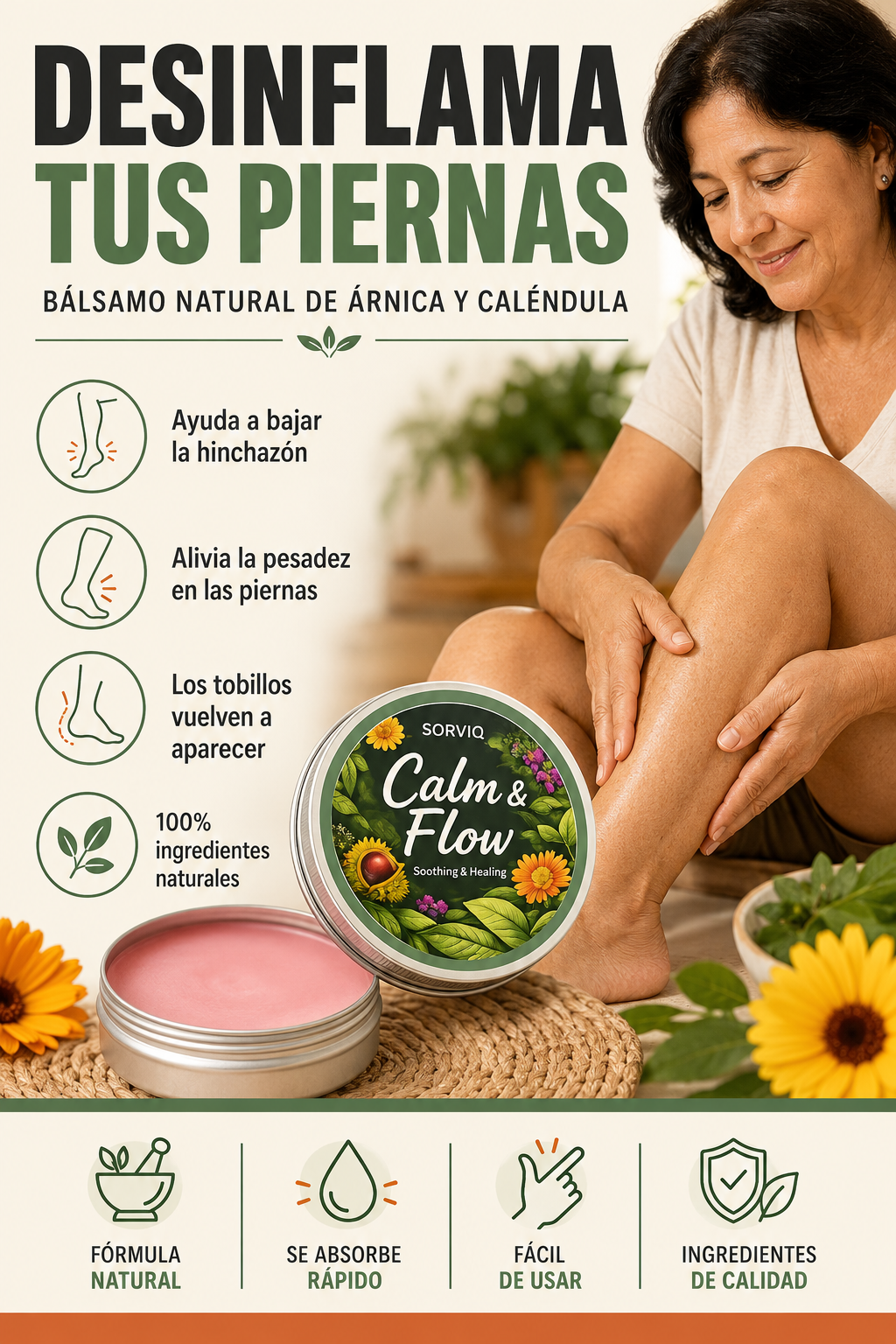 Calm & Flow™ — Desinflama Piernas y Tobillos Hinchados — Bálsamo de Árnica + Caléndula 🌿