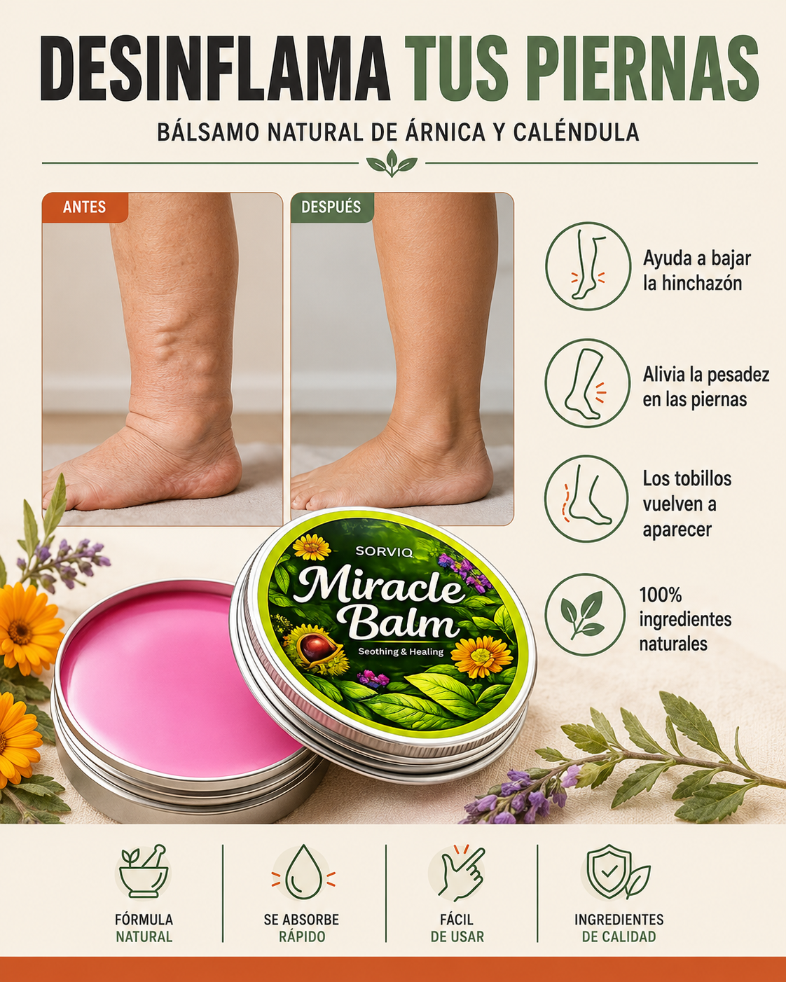 Calm & Flow™ — Desinflama Piernas y Tobillos Hinchados — Bálsamo de Árnica + Caléndula 🌿