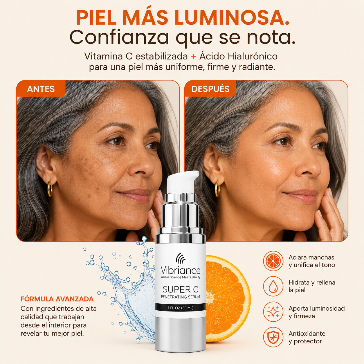 Vibriance Super C Serum™ — Aclara Manchas, Borra Líneas e Hidrata — Todo en Un Solo Pomo 🍊