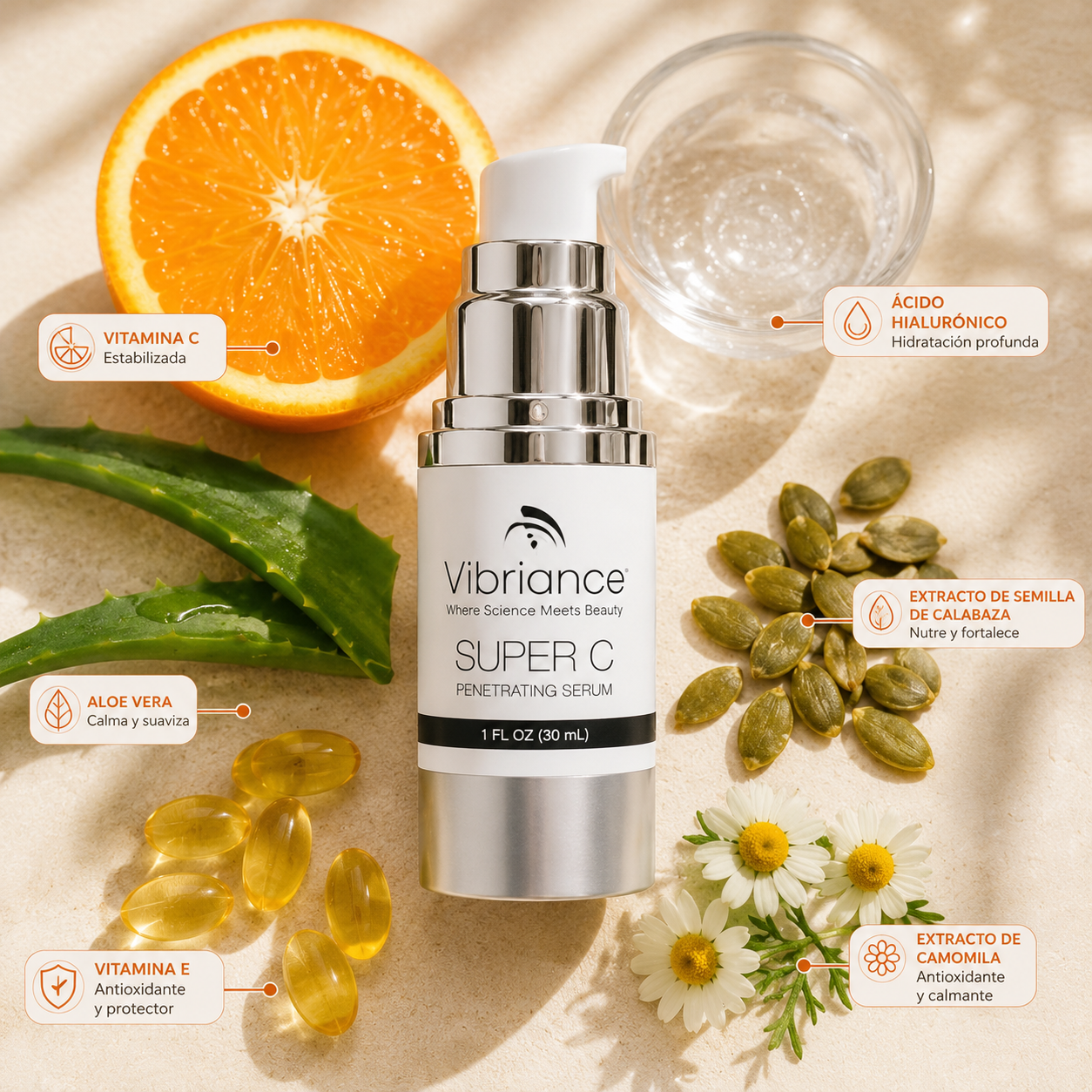 Vibriance Super C Serum™ — Aclara Manchas, Borra Líneas e Hidrata — Todo en Un Solo Pomo 🍊