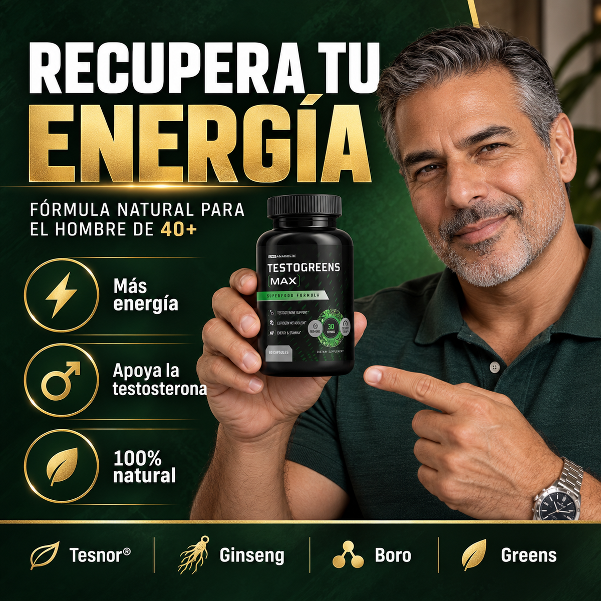 TestoGreens MAX™ – Recupera tu Energía y Vuelve a Rendir Como Antes — Fórmula Natural para Hombre con Ginseng, Boro y Vegetales Concentrados 🌿