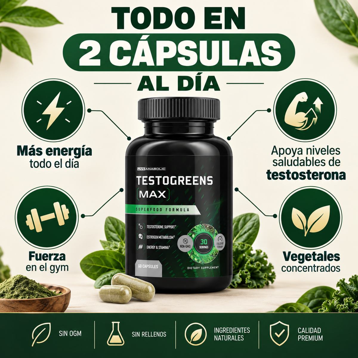 TestoGreens MAX™ – Recupera tu Energía y Vuelve a Rendir Como Antes — Fórmula Natural para Hombre con Ginseng, Boro y Vegetales Concentrados 🌿